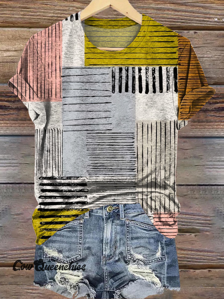 Retro Geometric Art Print Casual T-shirt Multicolor / S