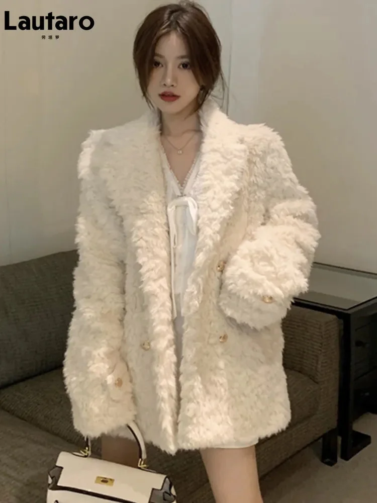 Huiketi Winter Mid Length Warm Thick Soft Fluffy Faux Fur Coat Women Lapel Long Sleeve Loose Casual Korean Style Fashion 2023