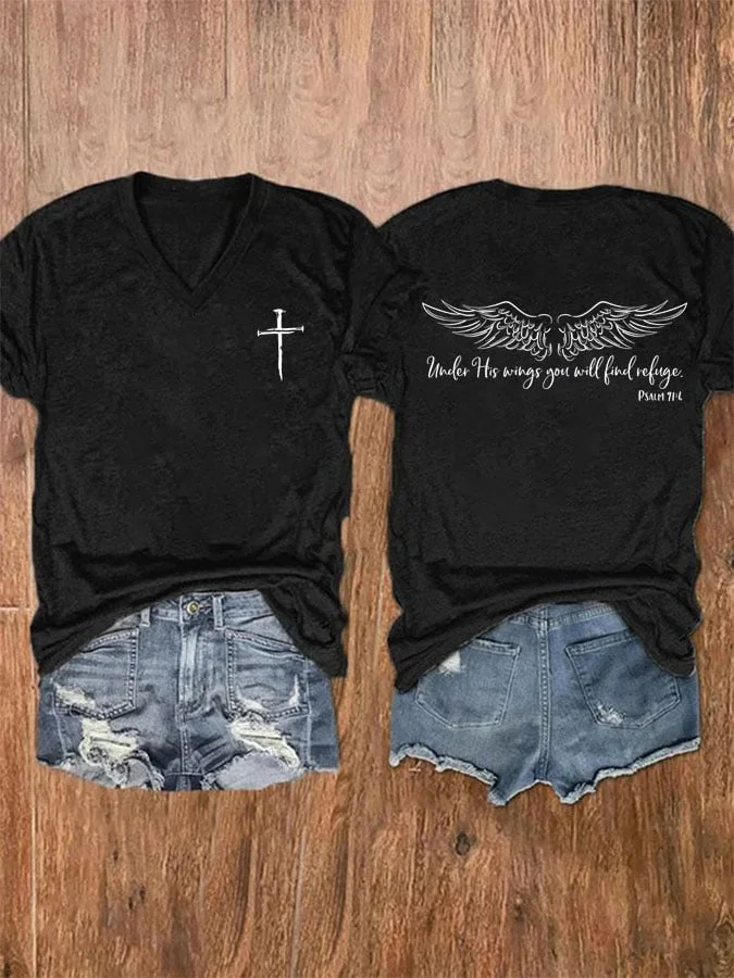 Women's Under His Wings You Will Find Refuge Print Short Sleeve T-Shirt socialshop