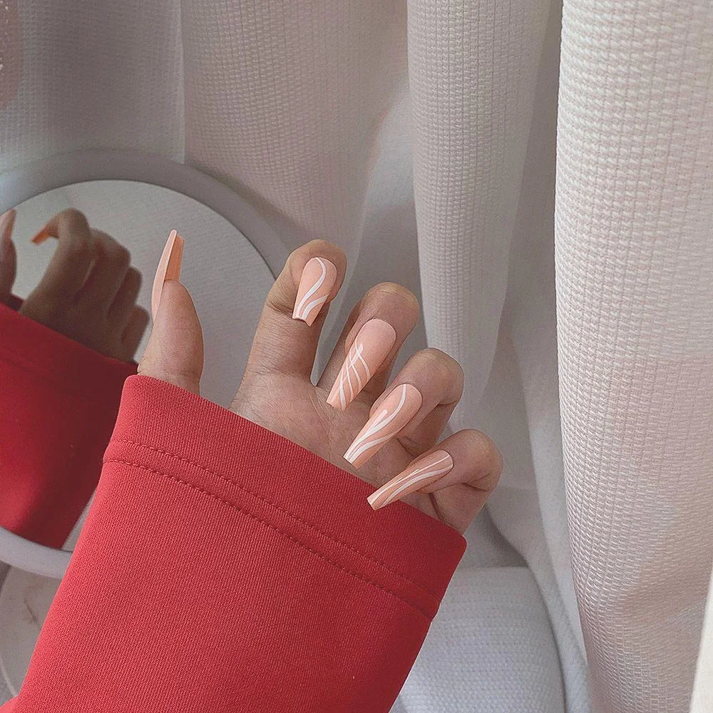 24Pcs Long Ballerina False Nail Love Pattern French Coffin Fake Nails Full Cover Wearable DIY Manicure Tools Press On Nails 1029-Nail Inspo