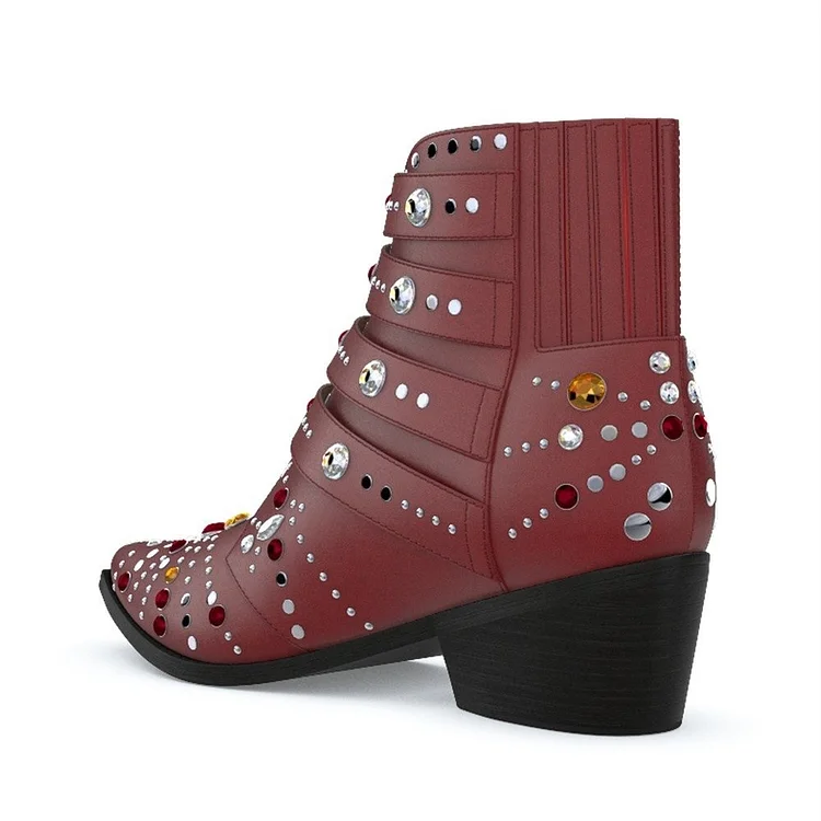 Maroon Buckles Rhinestone Studs Fashion Boots Block Heel Ankle Boots |FSJ Shoes