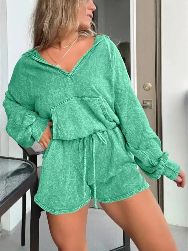 Women's Long Sleeve V-neck Solid Color Jumpsuit