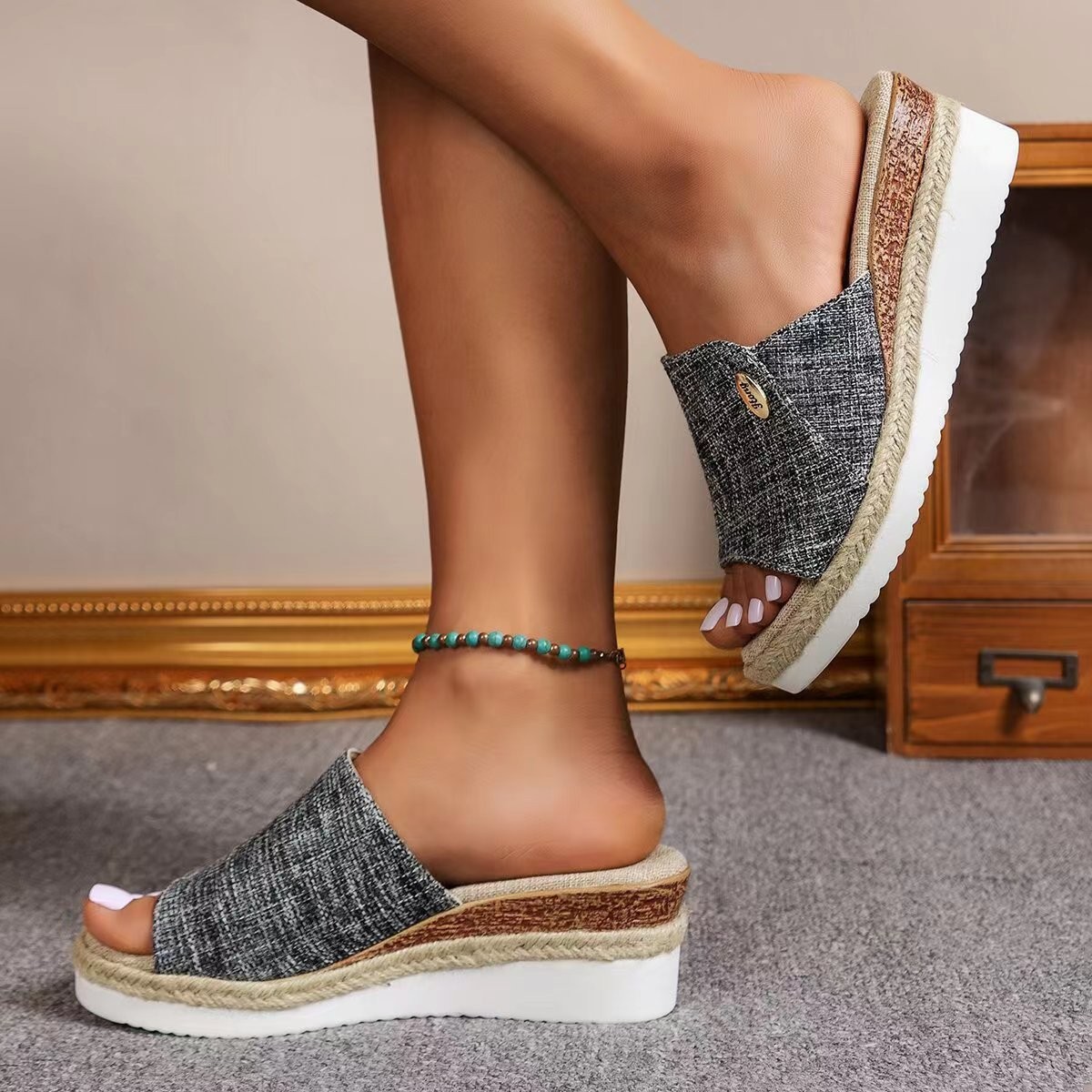 Mature Women Denim Canvas Wedges Sandals Summer Fashion Hemp High Heel Slippers