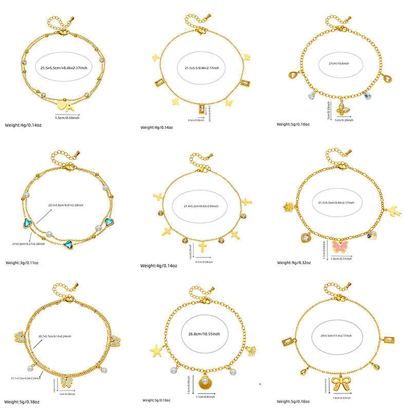 Fashion Beach Style Versatile Simple Colorful Geometric Glass Rhinestone Butterfly Love Accessories Chain Anklet