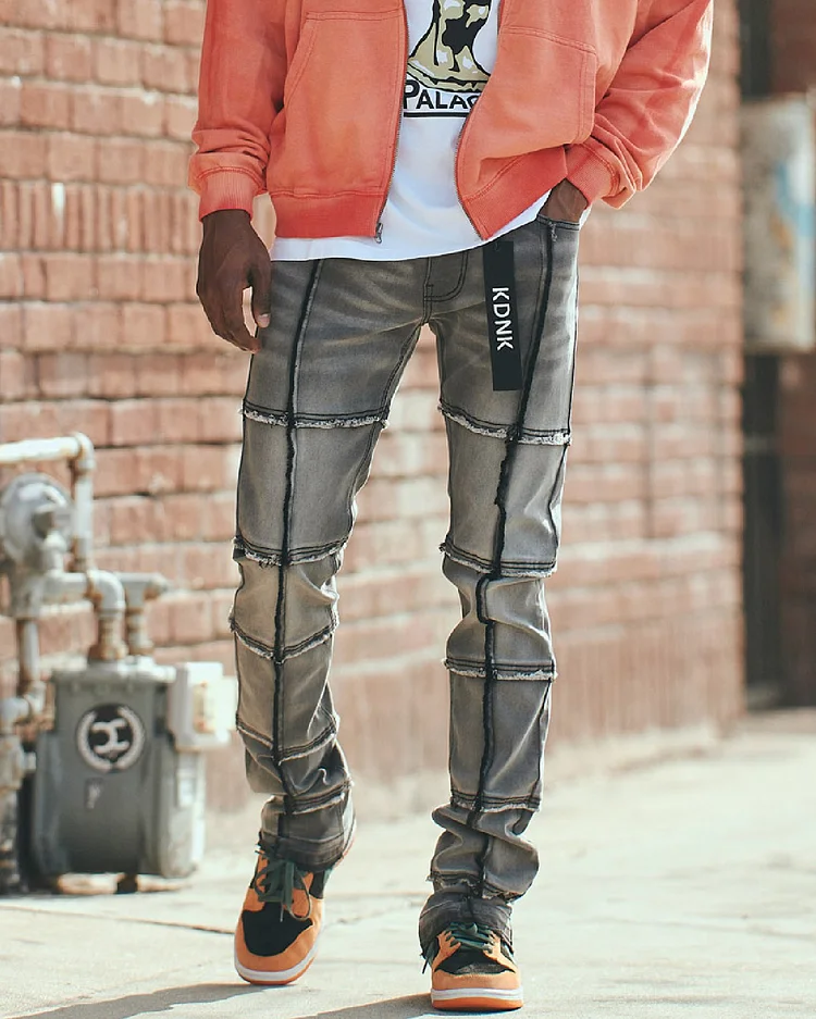 Men'S Street Style Raw Edge Mesh Washed Jeans