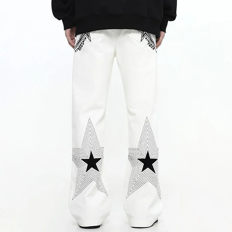 High Street Style Star Pattern Jeans Men Loose Hip-Hop Straight-Leg Pants at Hiphopee
