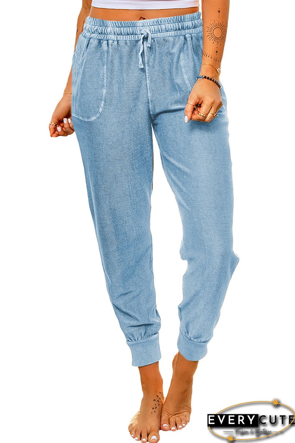 Sky Blue Elastic Waist Jogger Pants with Pockets