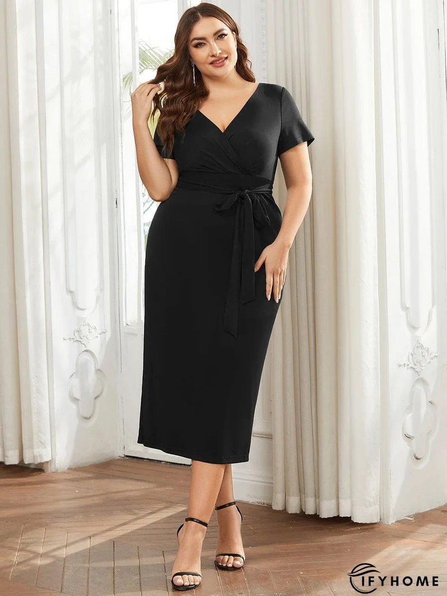 Elegant Deep V Neck Short Sleeve Cocktail Dress with Waist Belt | IFYHOME
