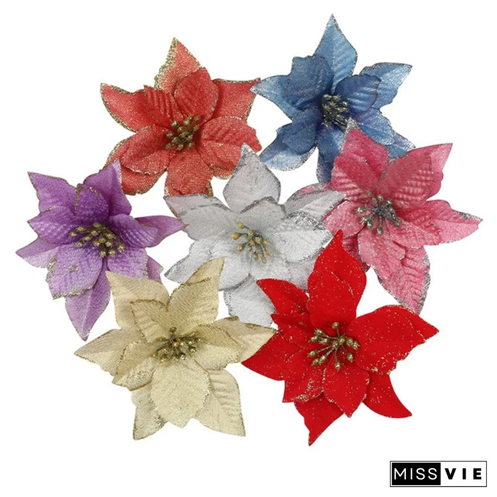 10 Pcs/Set Glitter Christmas Flower Poinsettia Christmas Tree Decorations Ornaments Christmas DIY Craft 11 Colors