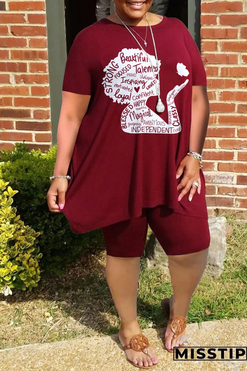 Burgundy Casual Street Print Patchwork O Neck Plus Size Two Pieces