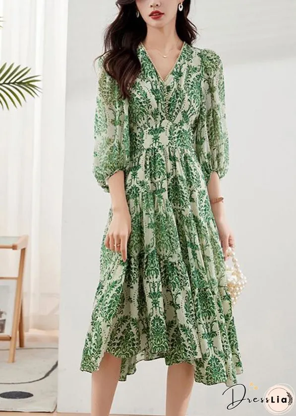 Handmade Green V Neck Print Chiffon Vacation Dresses Bracelet Sleeve