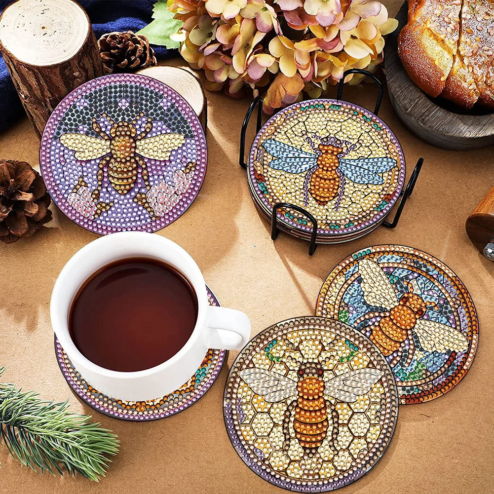 8pcs DIY Stained Glass Bee Diamond Painting Coasters Kits Acrylic Full Drill Coaster Single Side Diamond