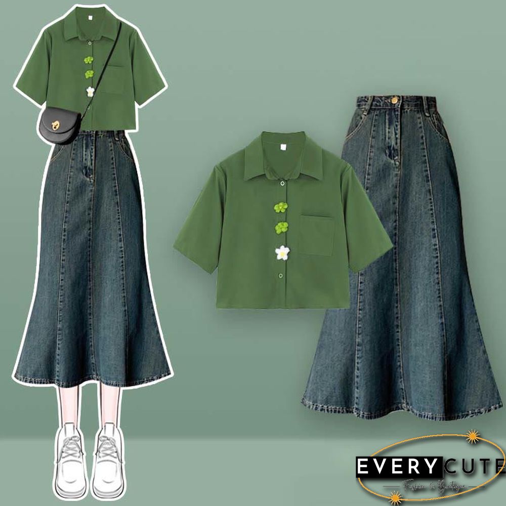 Bow Knot Butterfly Tulle Crop Top T-Shirt Fishtail Denim Skirt Two Pieces Set