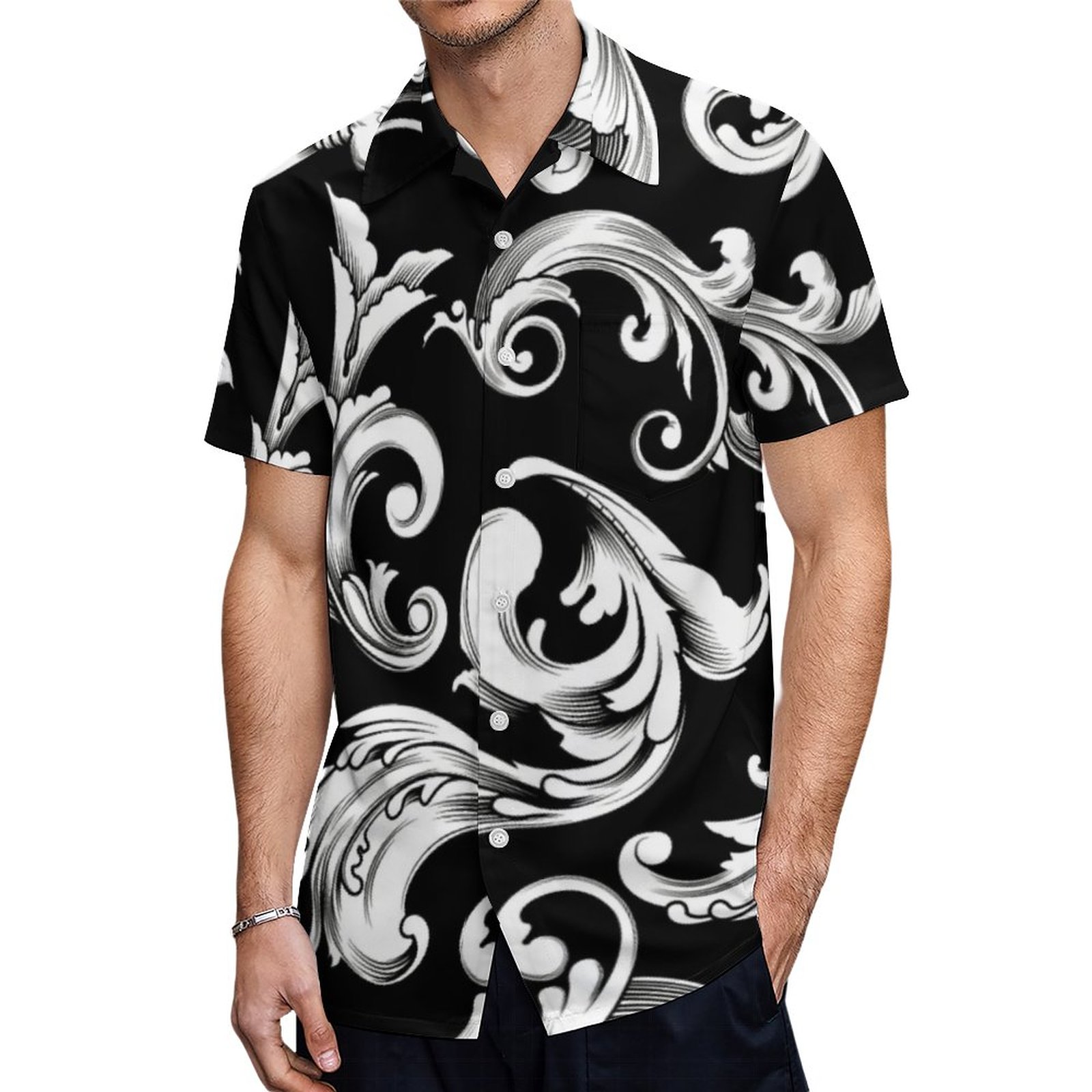 Bold Engraved Black And White Vintage Scrolls Hawaiian Shirt Mens Button Down Tropical Hawaii Beach Shirts