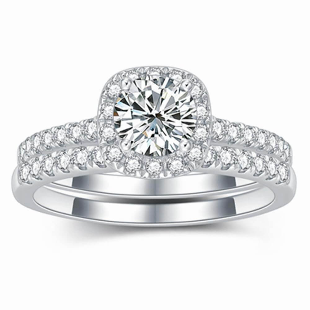 MIKAMU Halo Wedding Ring Set for Women Bridal Sets Wedding Rings Platinum Plated Silver, 1-1/2 Carat (ctw) Moissanite Engagement Ring Set White Gold Anniversary Promise Rings for Her