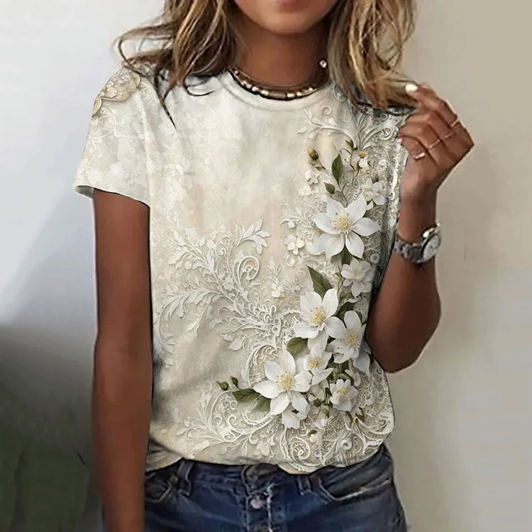 Simpfit Vintage Blumenkunst Casaul Kurzarm T-Shirt