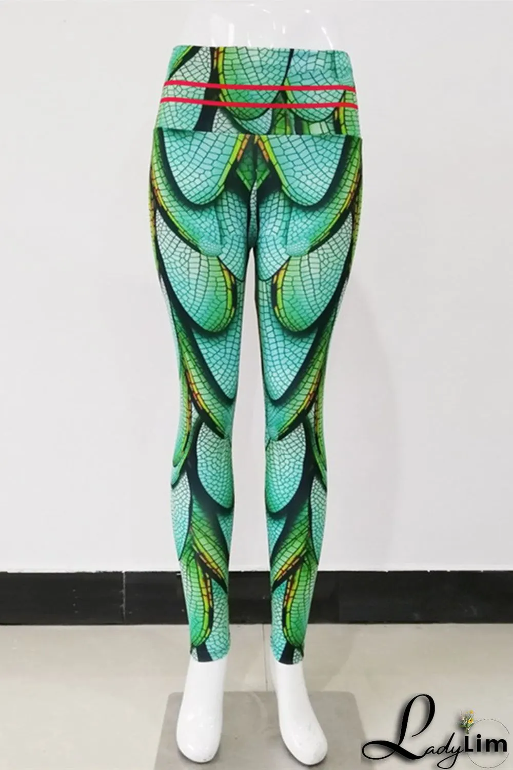 Green Fashion Casual Sportswear Print Basic Skinny High Waist Pencil Trousers