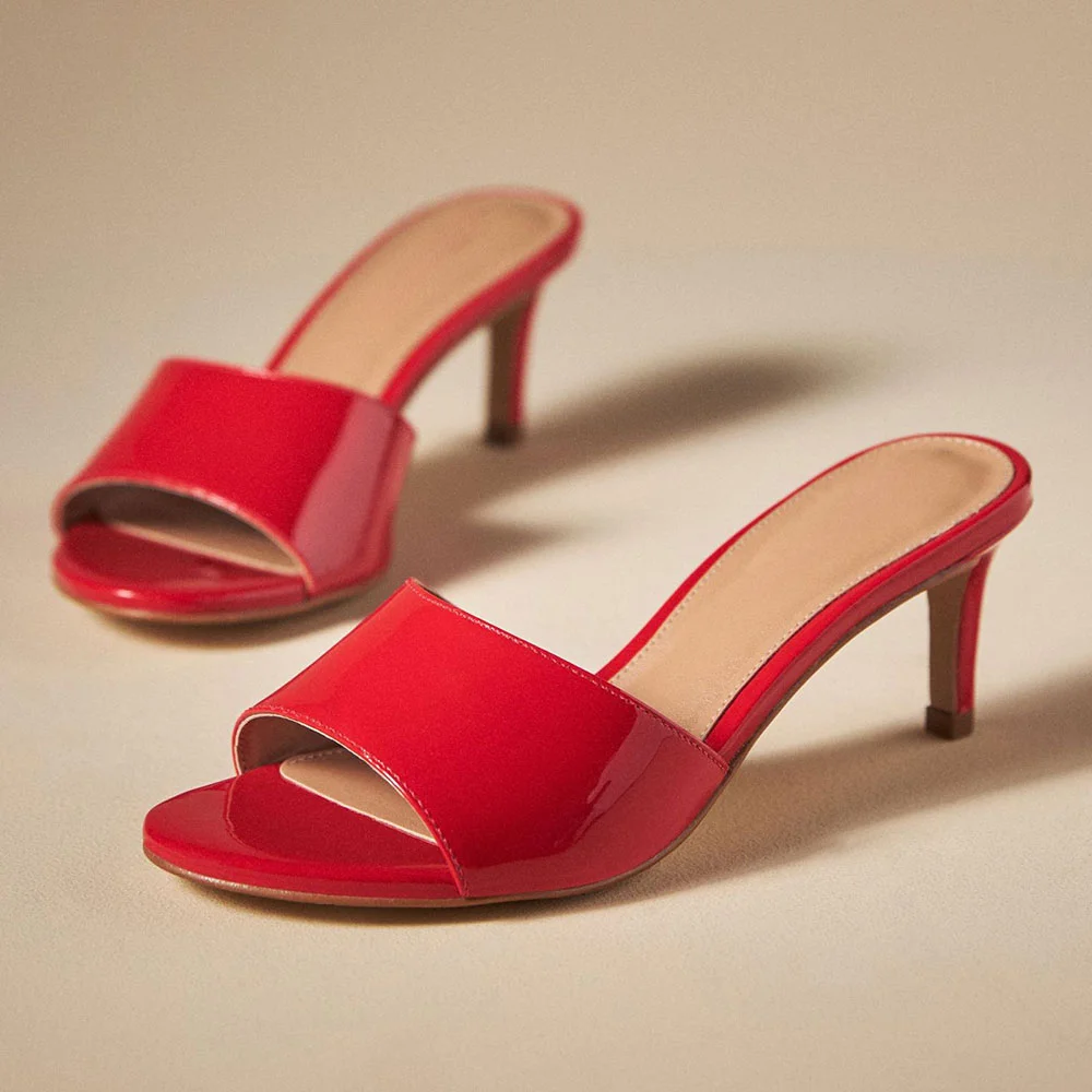 YDN Simple Red Patent Leather Open-Toe Kitten Heel Mules for Women