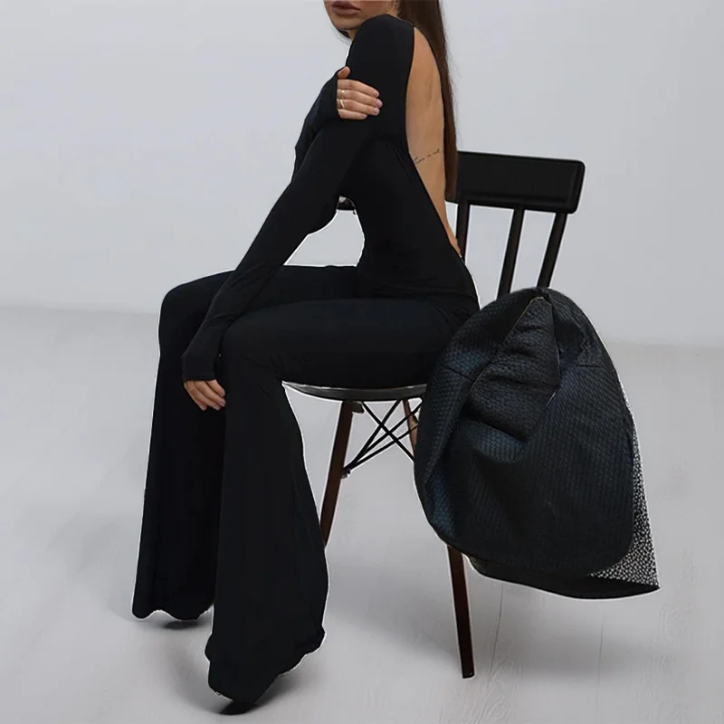 Uveng Uveng Winter Women's Temperament Long Sleeve Solid Color Fashion Back Micro La Jumpsuit