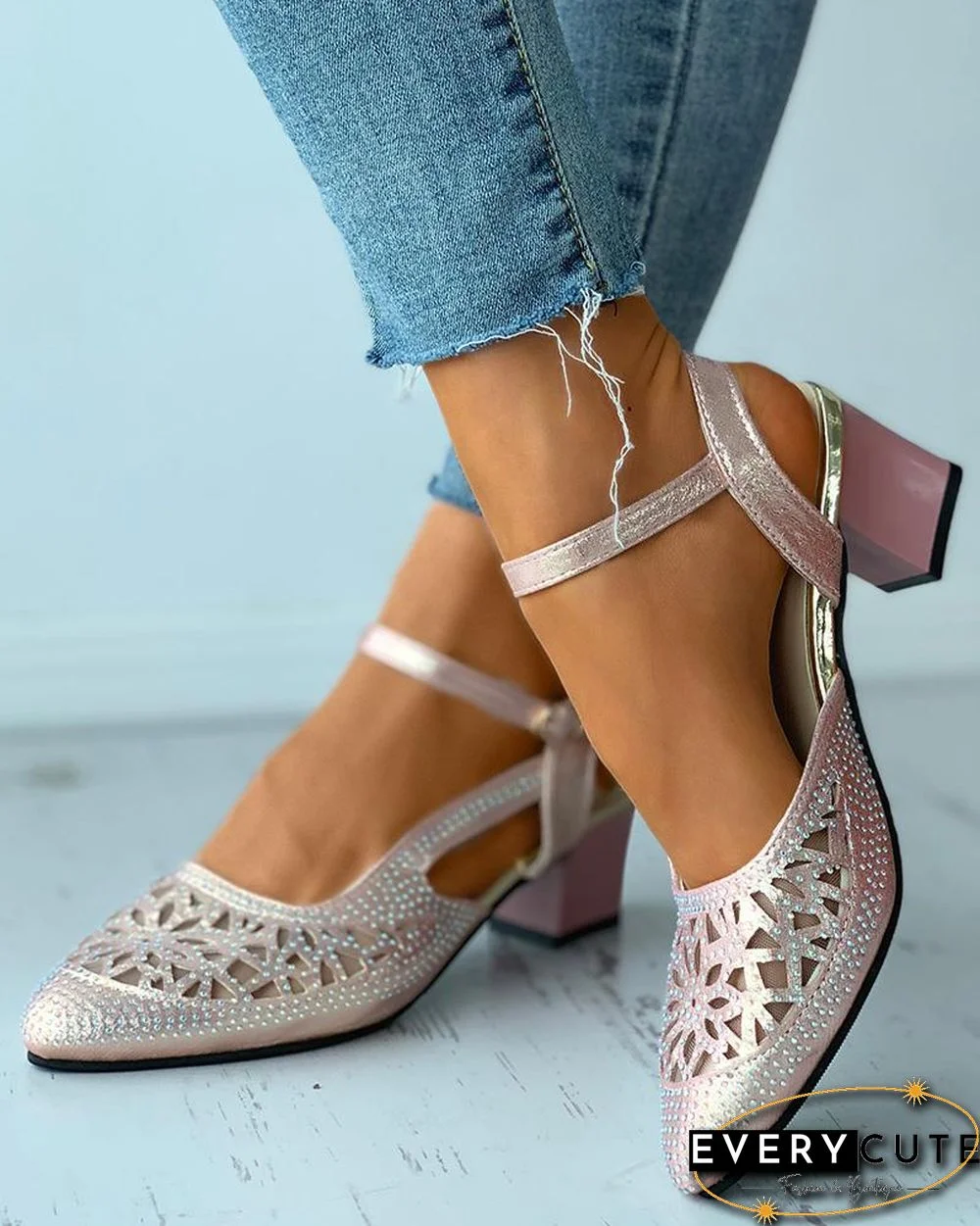 Pointed Toe Studded Cutout Chunky Heels