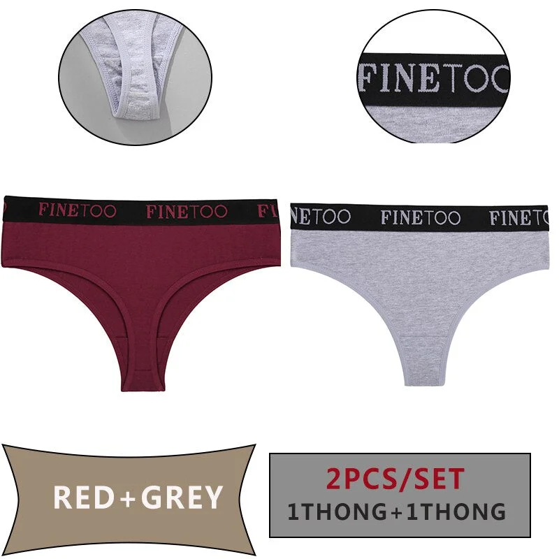 FINETOO 2PCS/Set Women Cotton Panties Sexy Letter Underwear Panty Thong Low Waisted 1Panty+1G-string Brief Tanga Lingerie Femme