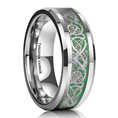4MM 6MM 8MM 10MM Women Or Men's Tungsten Carbide Celtic Dragon Knot Wedding Band Rings, Tungsten Silver Resin Inlay Green Celtic Knot Ring With Mens And Womens
