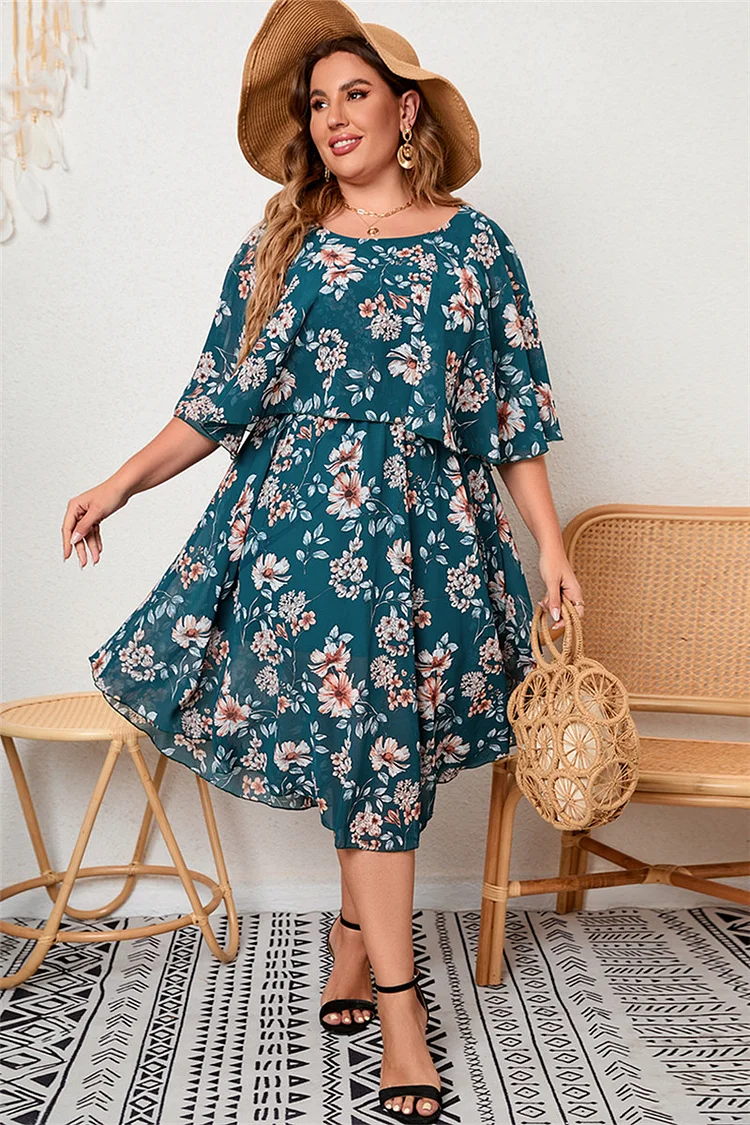 Plus Size Casual Blue Chiffon Floral Print Ruffle Batwing Sleeve Midi Dress  Flycurvy [product_label]