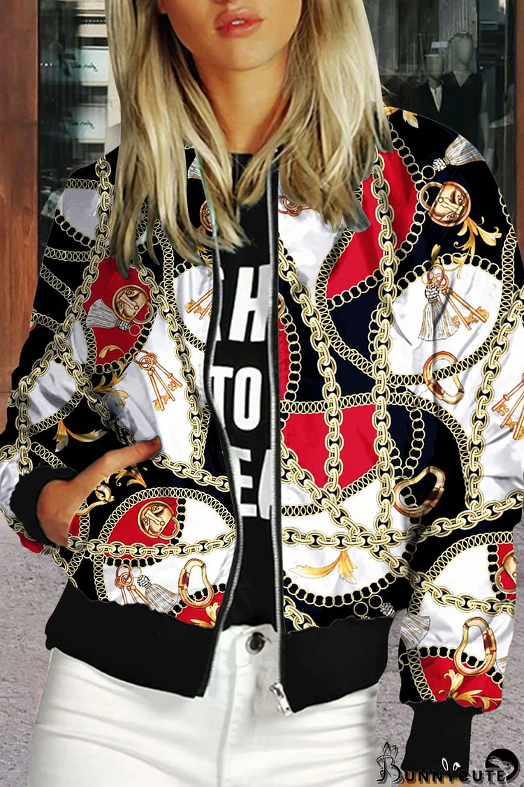 Red Black Casual Print Patchwork Zipper Outerwear