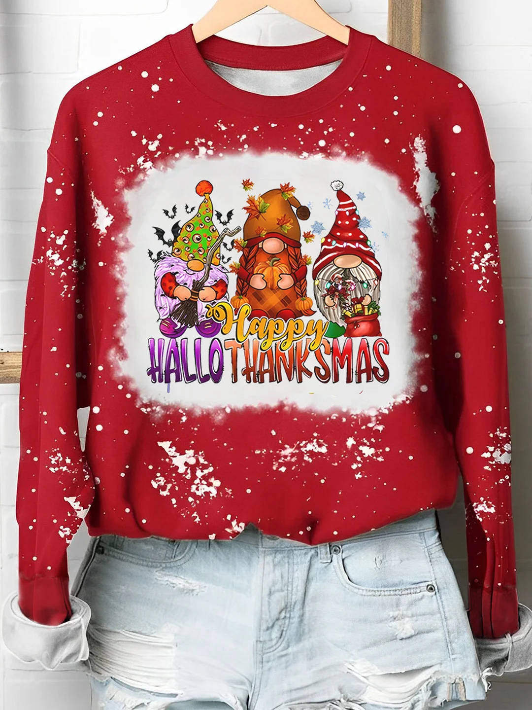 Happy Hallothanksmas Gnomes Print Holiday Bleaching Crew Neck Shirt