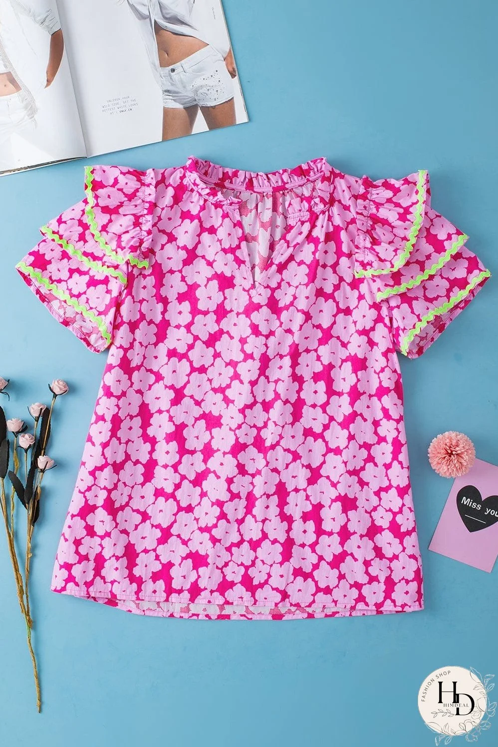 V-Neck Pink Floral Top