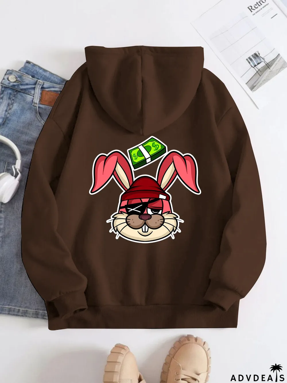 Printed on the Back Kangaroo Pocket Hoodie Long Sleeve for Women Pattern Pirate Doodle Rabbit and Money