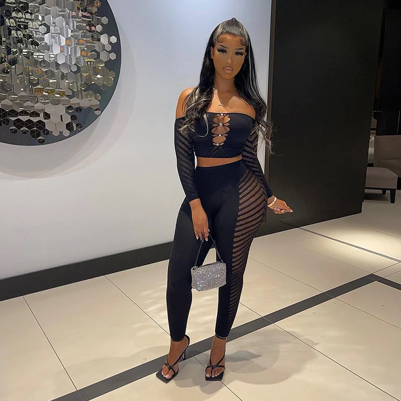 Brownm Brownm Women's Clothing 2023 Mesh Perspective Hollow Diamond Wrap Bra Long Sleeve Trousers Casual Suit