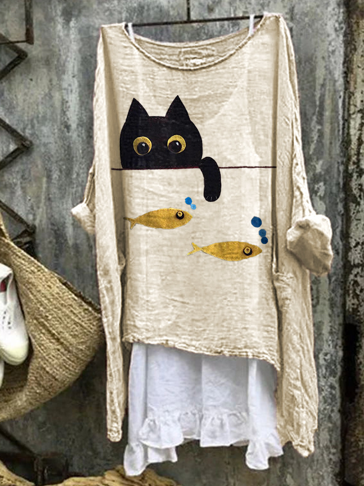 Comstylish Funny Cat Print Linen Blend Casual Shirt