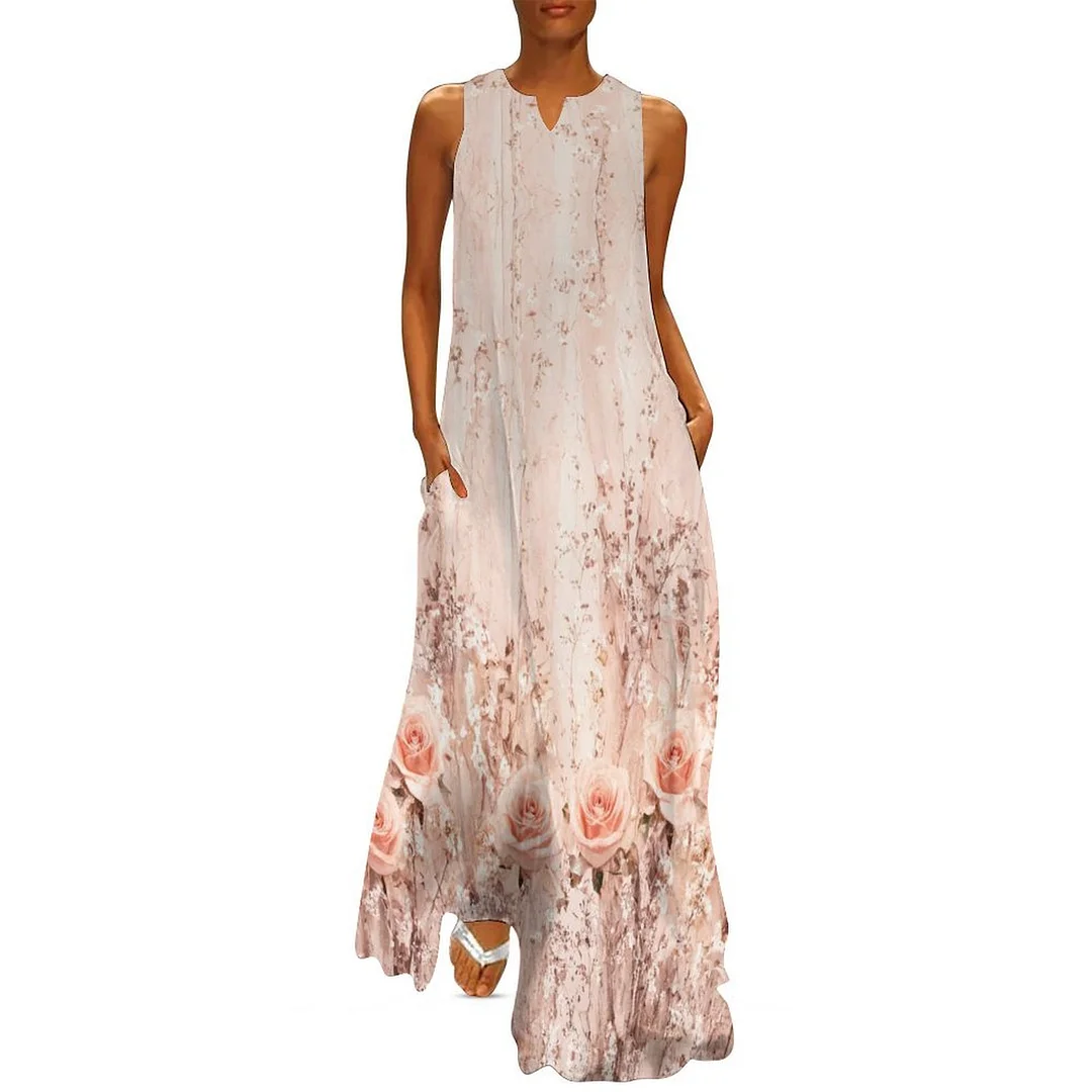 Style & Comfort for Mature Women Plus Size Printed Sleeveless Casual Women Maxi Dress with Pockets in Pattern Floral, Glitter, Pink