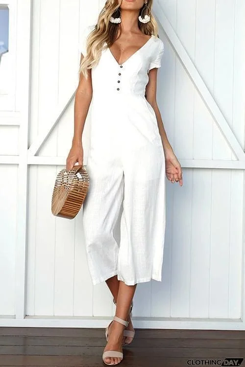 Button Pocket V Neck Jumpsuit