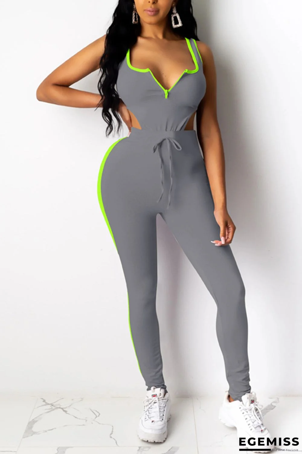 Grey knit Sexy Active Solid Patchwork Two Piece Suits Straight Sleeveless Two-piece Pants Set | EGEMISS