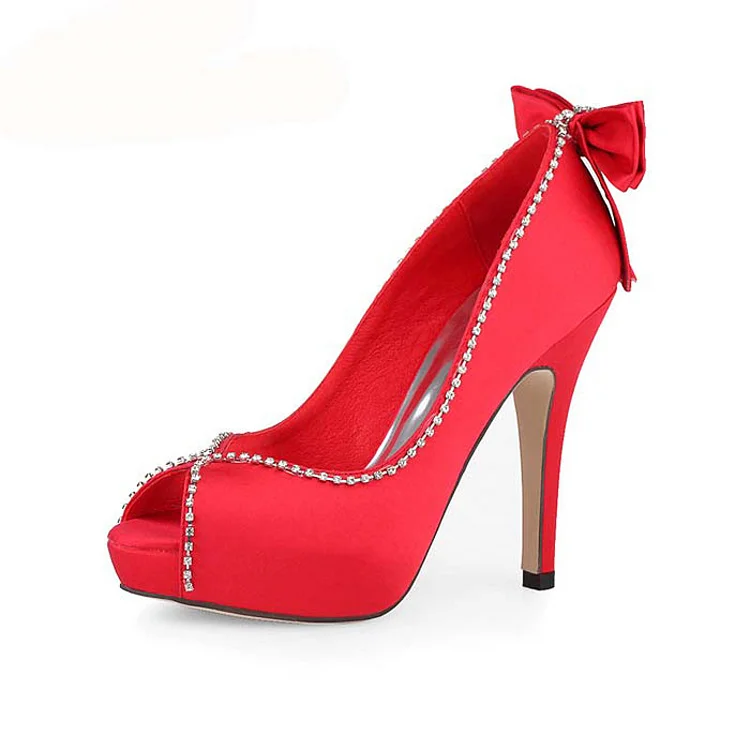 Coral Red Bridal Stiletto Heel Pumps with Bow Vdcoo