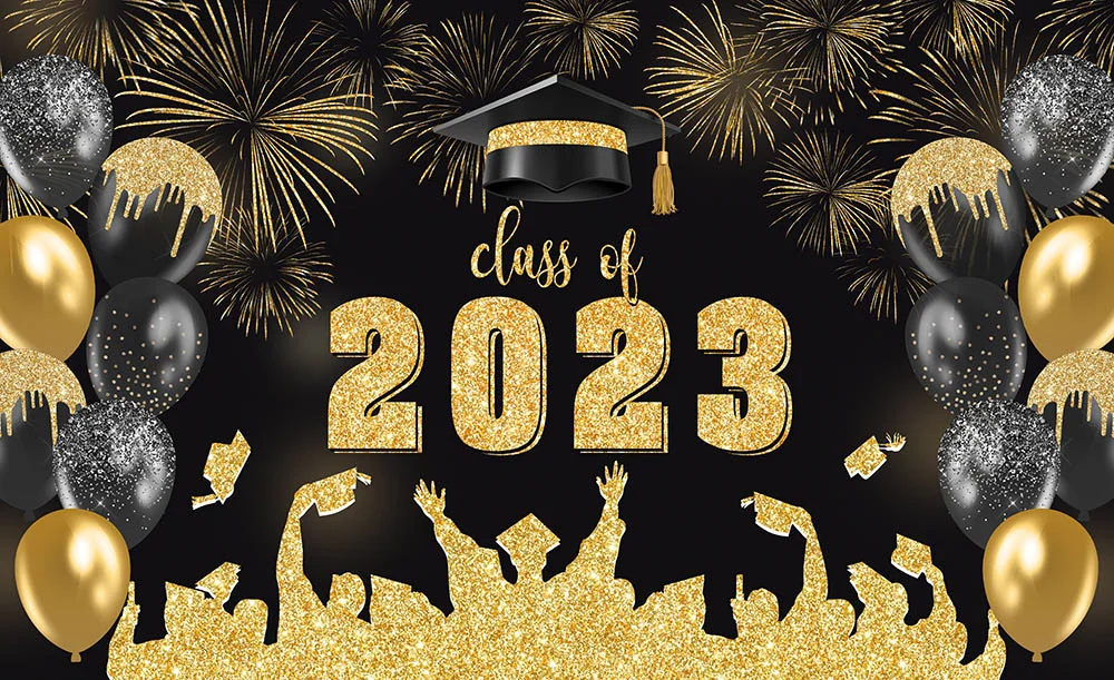 Black Balloons And Golden Class Of 2023 Graduation Party Backdrop RedBirdParty