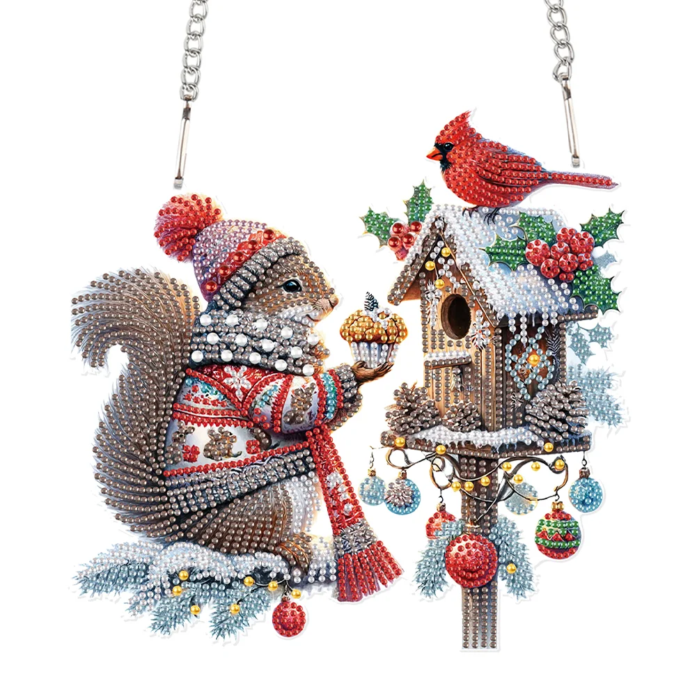 DIY Christmas Squirrel Cardinal Acrylic Special Shape Diamond Art Pendant Kit