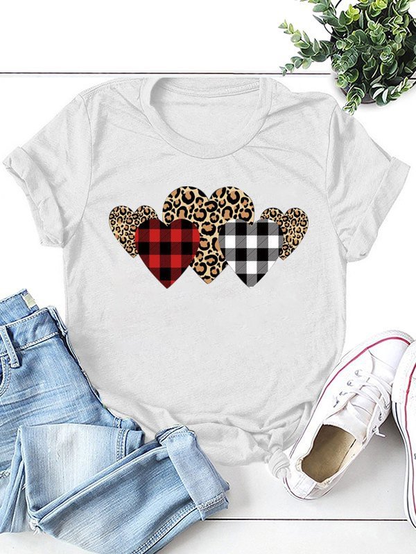 Bestdealfriday Valentine Leopard Plaid Heart T-Shirt Tee