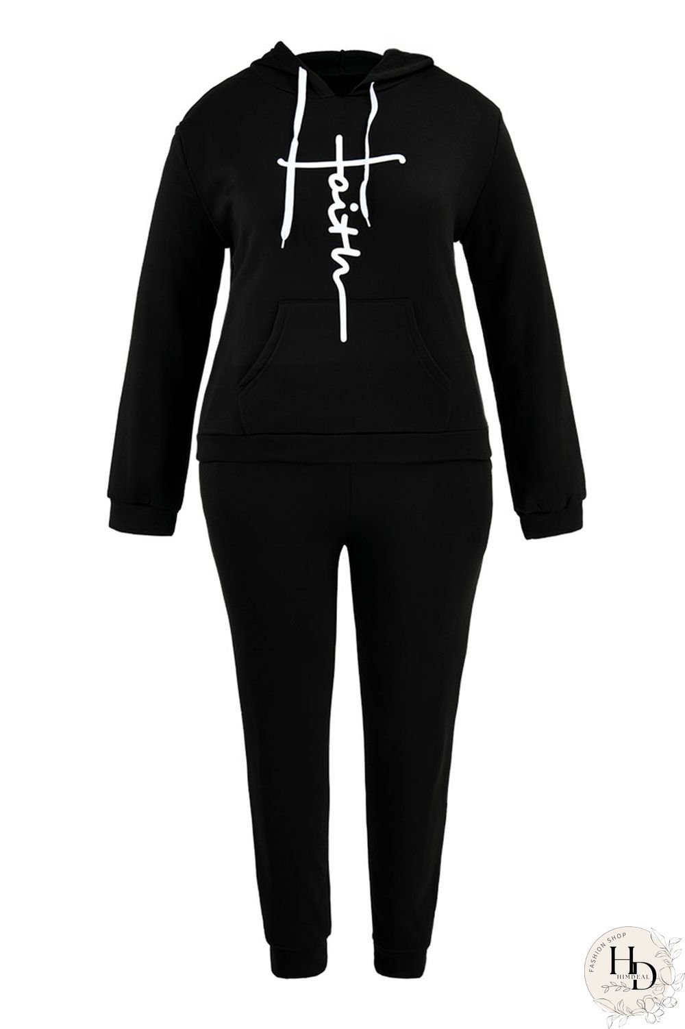 Black Fashion Casual Print Basic Hooded Collar Plus Size Two Pieces