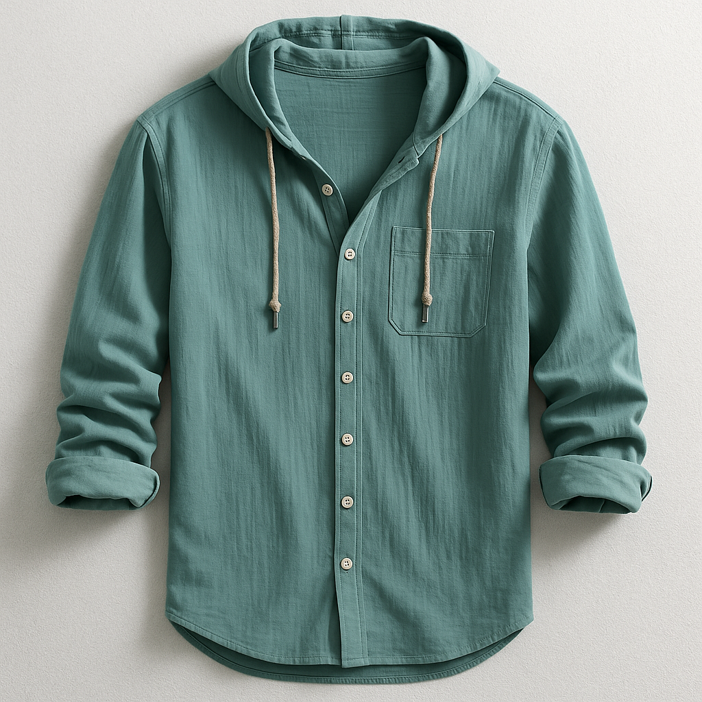 Men's Cotton Linen Hooded Shirt &ndash; Relaxed Summer Beach Style &ndash; Green