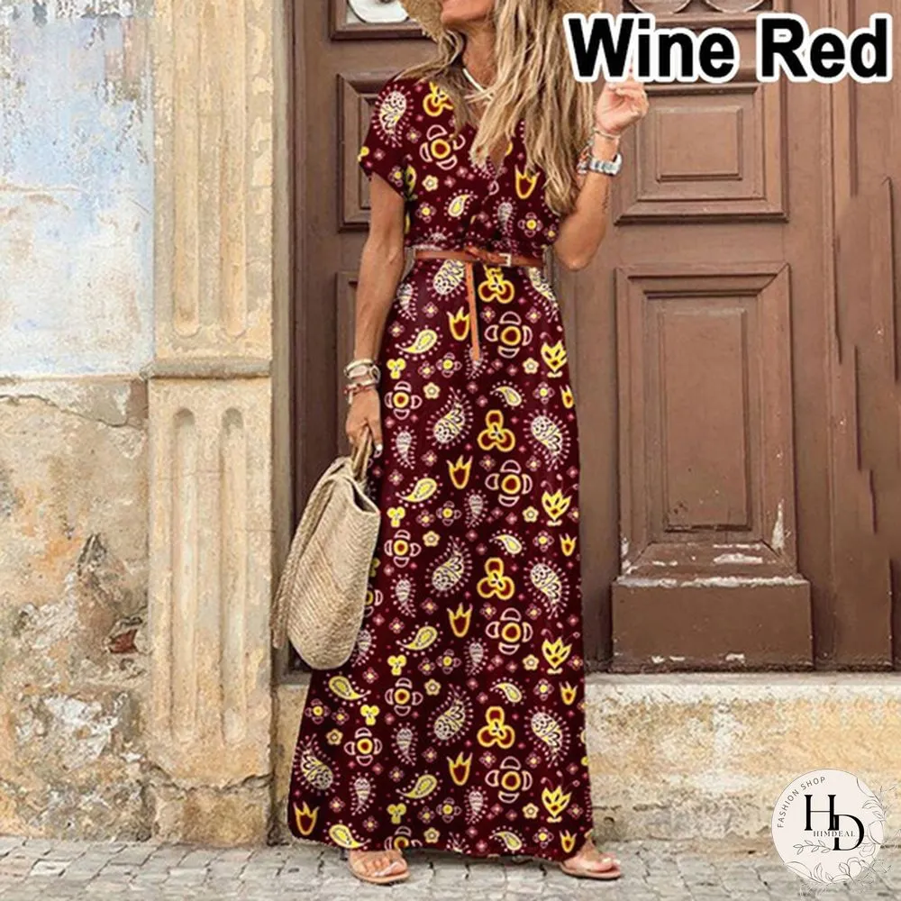 Summer Womens Fashion Retro Floral Elegant Dress Ladies Loose Casual Long One-_piece