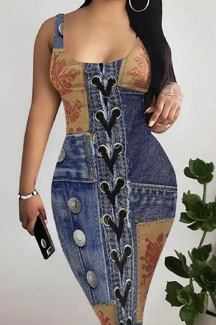 Plus Size Vacation Blue Casual Graphic Square Neck Bodycon Midi Dresses