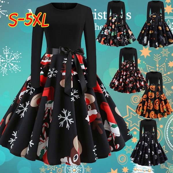 Women Autumn Winter Fashion Elegant Long Sleeve Round Neck Printing Festival Dress Xmas Clothes Christmas Costume Ladies Casual Halloween Print Party Dress Snowman Santa Claus Dresses - Shop Trendy Women's Fashion | TeeYours