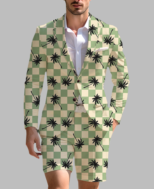 Casual Checkered Coconut Tree Print Blazer & Shorts 2Pcs Set