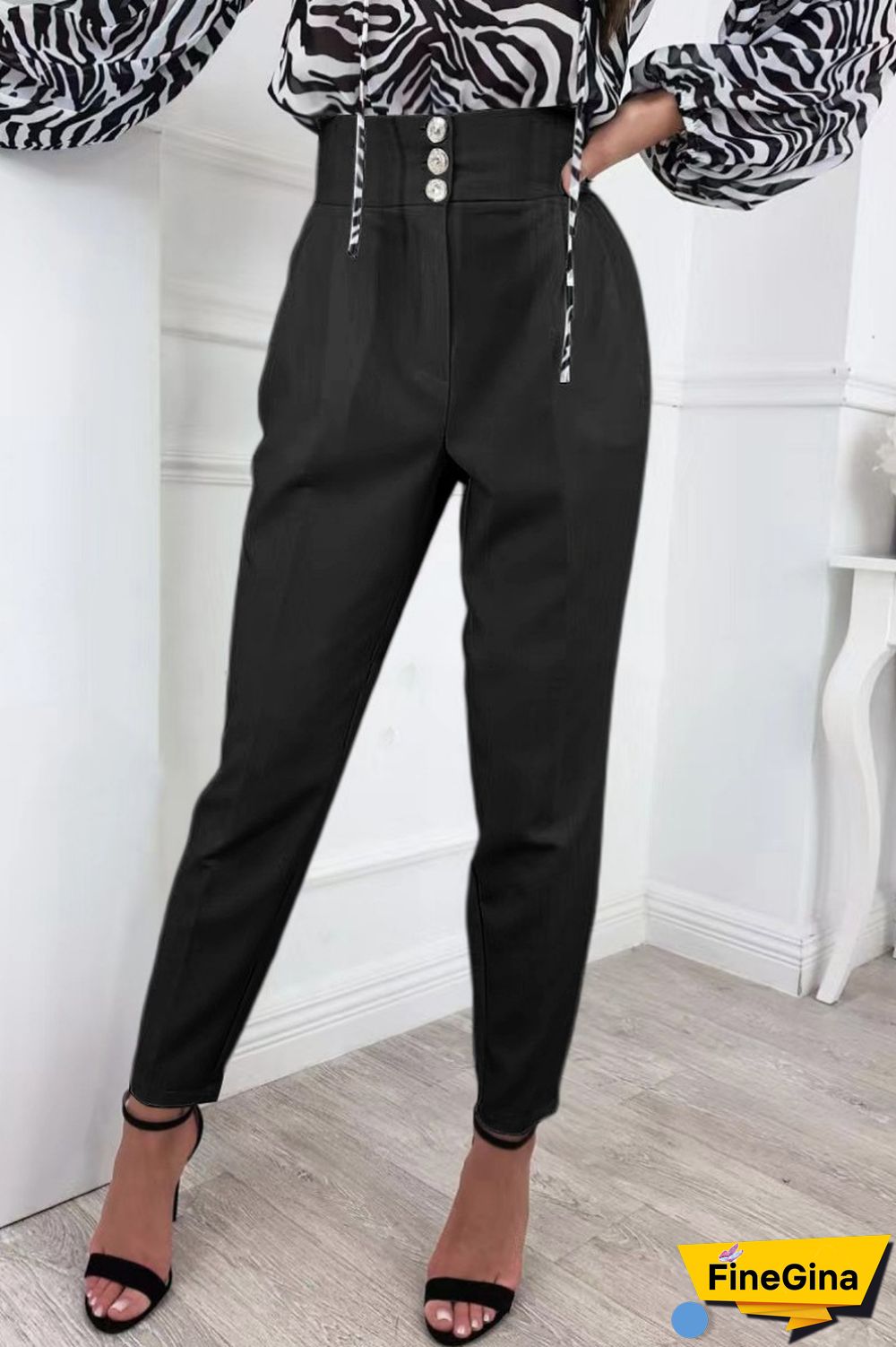 Black Casual Solid Buttons Regular High Waist Conventional Solid Color Trousers