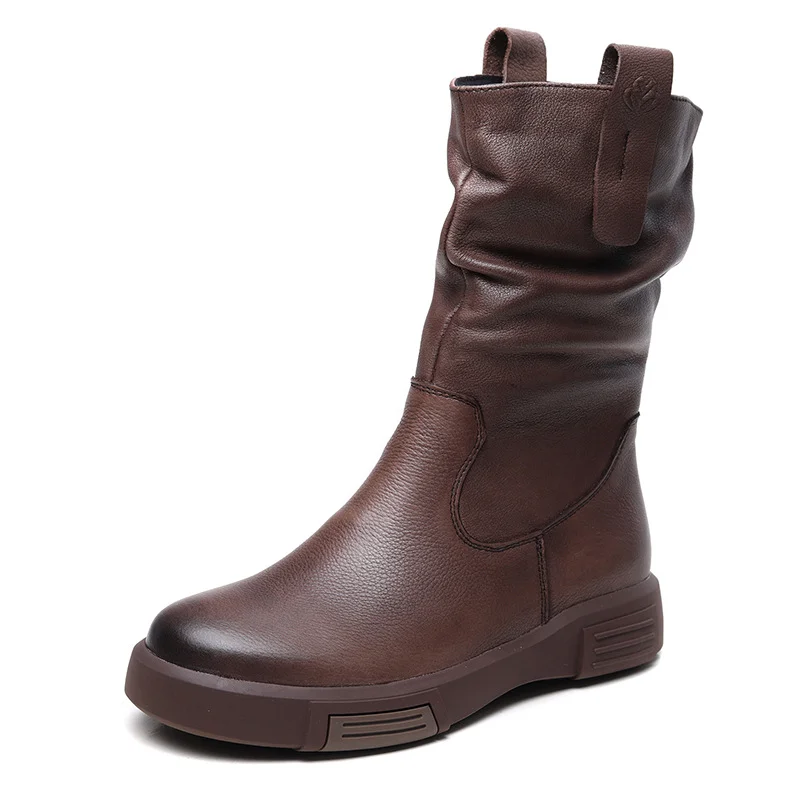 Yyvonne Layer Kraft Mid-Sleet Boots Women Autumn And Winter New Flat Bottom Comfortable Side Zipper Martin Boots Retro Style Horse Boots