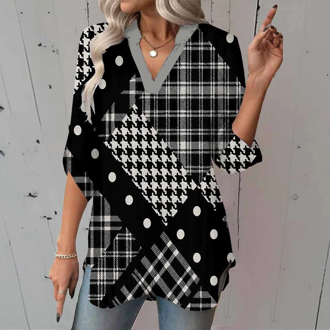 Women Checked,Polka-Dot,Black DZGA0317 3/4 Sleeve V-neck Printed Graphic Button Tops