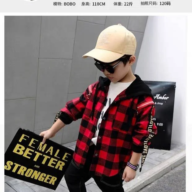 INS hot Boys Outdoor Jackets 3-13 year old Korean Sping and autumn jacket boys Hooded plaid shirt letters print kids coat